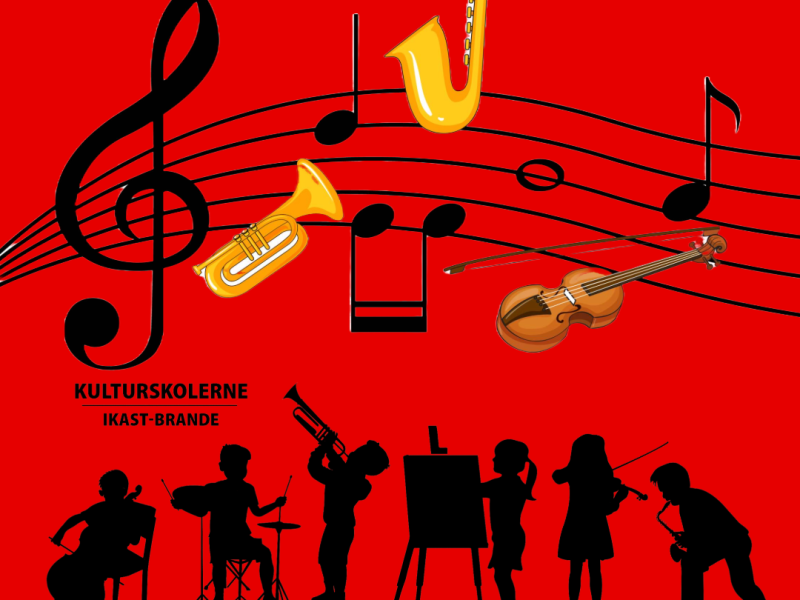 BILLEDE AF NODELINJE PYNTET MED INSTRUMENTER OG IKAST-BRANDE MUSIKSKOLES LOGO